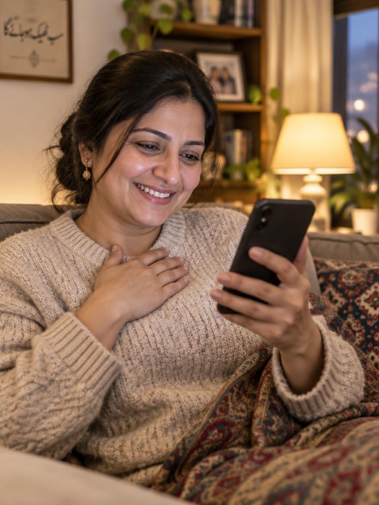 Happy homeowner in Islamabad reading her termite treatment guarantee on her phone after Hazir Pakistan service